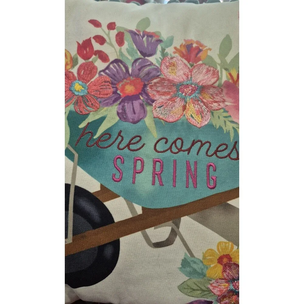 NWT Pioneer Women Here Comes Spring Decorative Pillow Embroidered Checkered Back